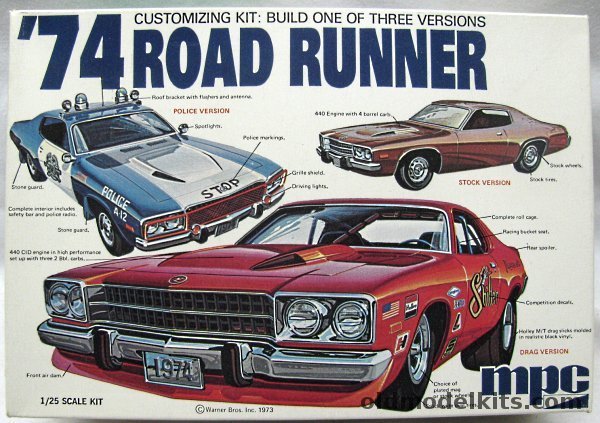 MPC 1/25 1974 Plymouth Road Runner - Stock / Drag / Police, 1-7425-250 plastic model kit